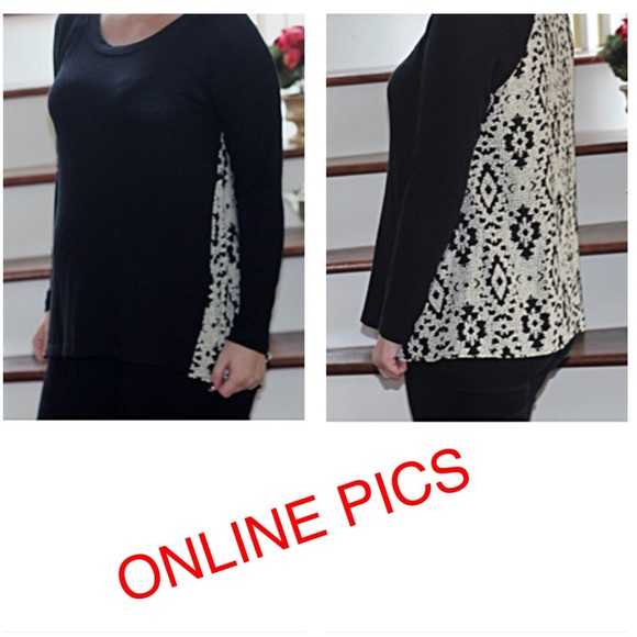 STITCH FIX LE LIS Mari M Black Pattern Mix Material 3/4 Sleeve Knit High-Low Top - Picture 9 of 11